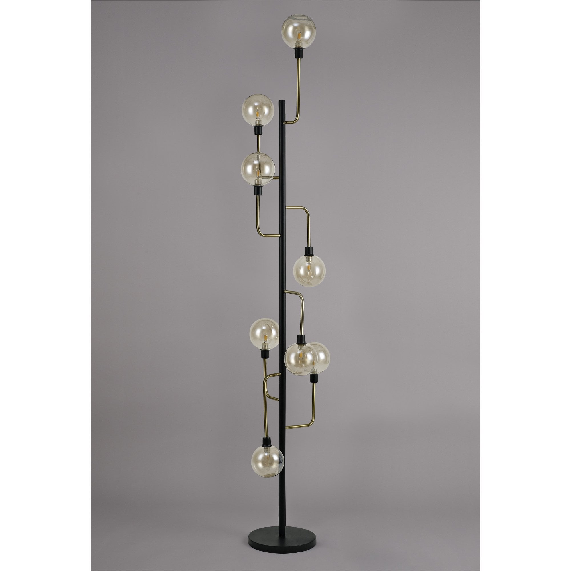 NL77359 Dublin Floor Lamp 8 Light Matt Black/Antique Brass/Cognac Glass