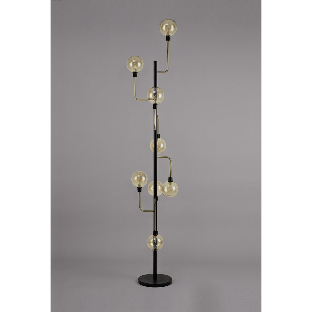 NL77359 Dublin Floor Lamp 8 Light Matt Black/Antique Brass/Cognac Glass