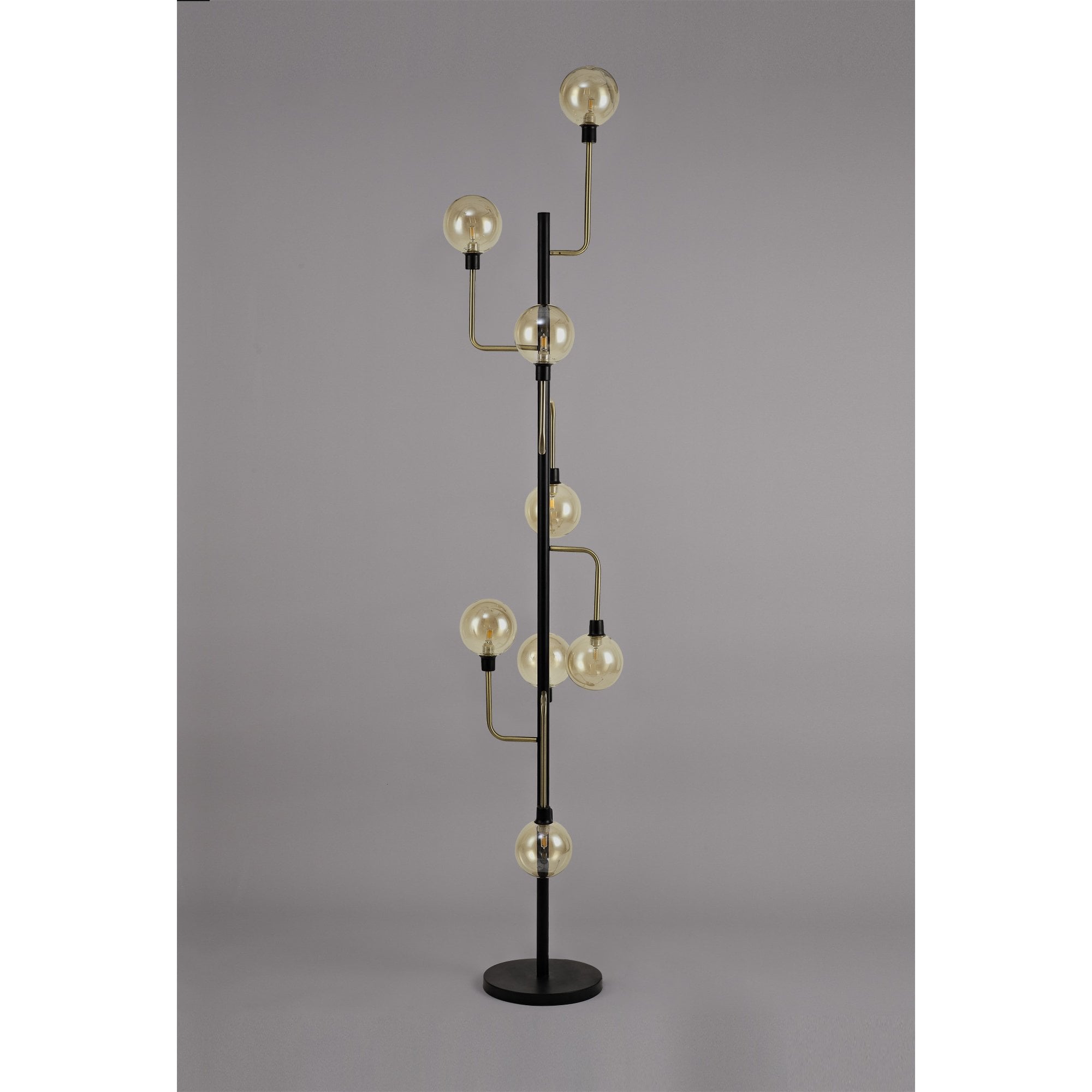 NL77359 Dublin Floor Lamp 8 Light Matt Black/Antique Brass/Cognac Glass