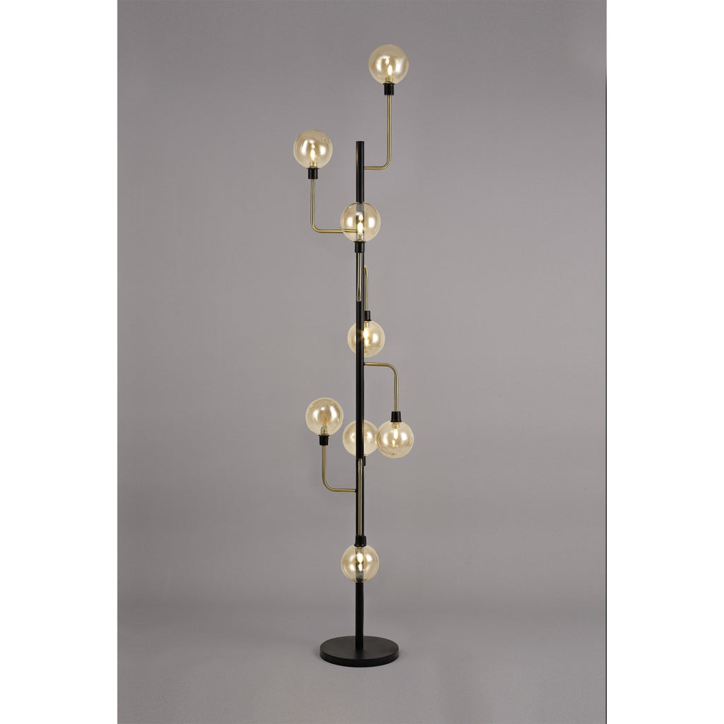 NL77359 Dublin Floor Lamp 8 Light Matt Black/Antique Brass/Cognac Glass
