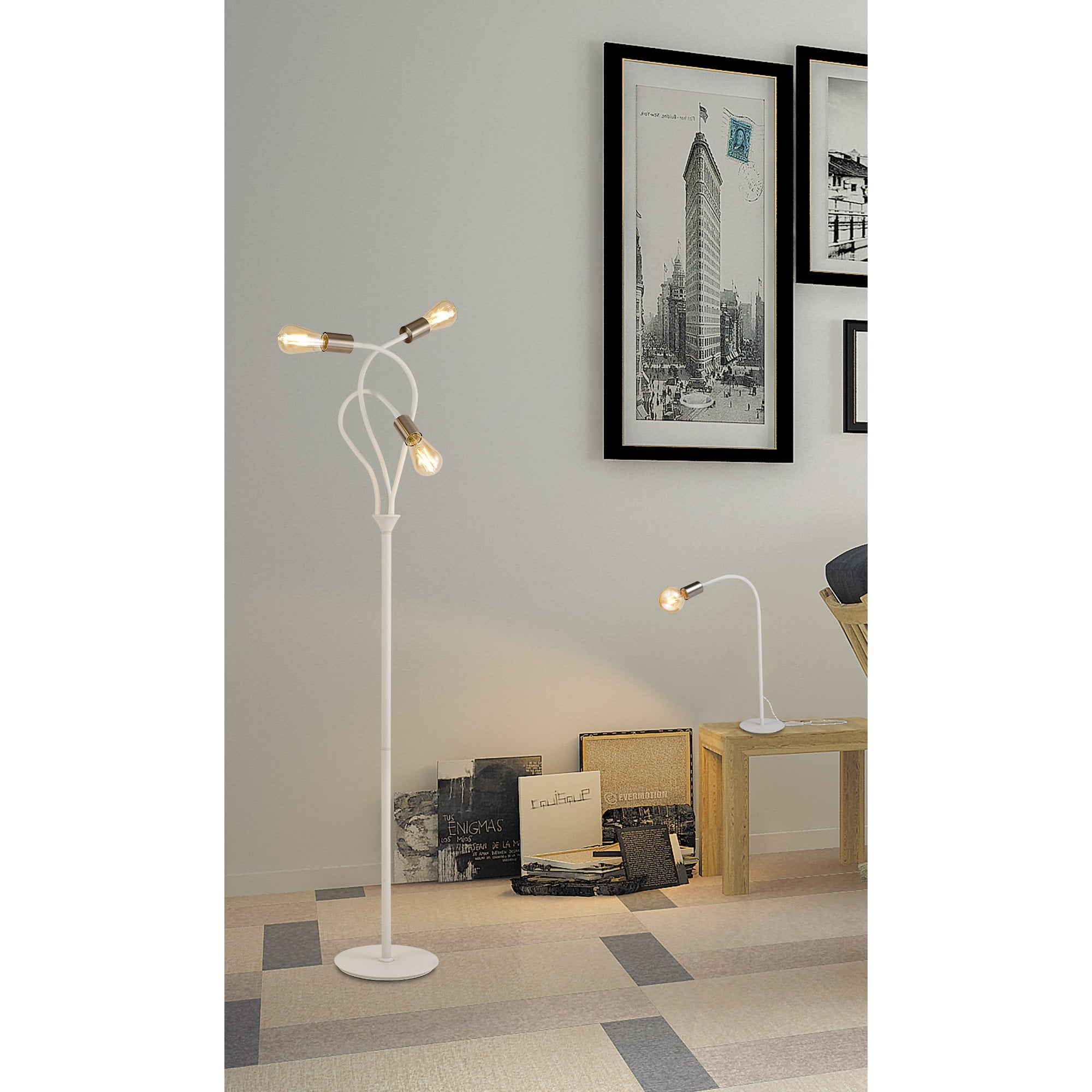 NL76569 Gino Flexible Floor Lamp 3 Light Satin White/Satin Nickel