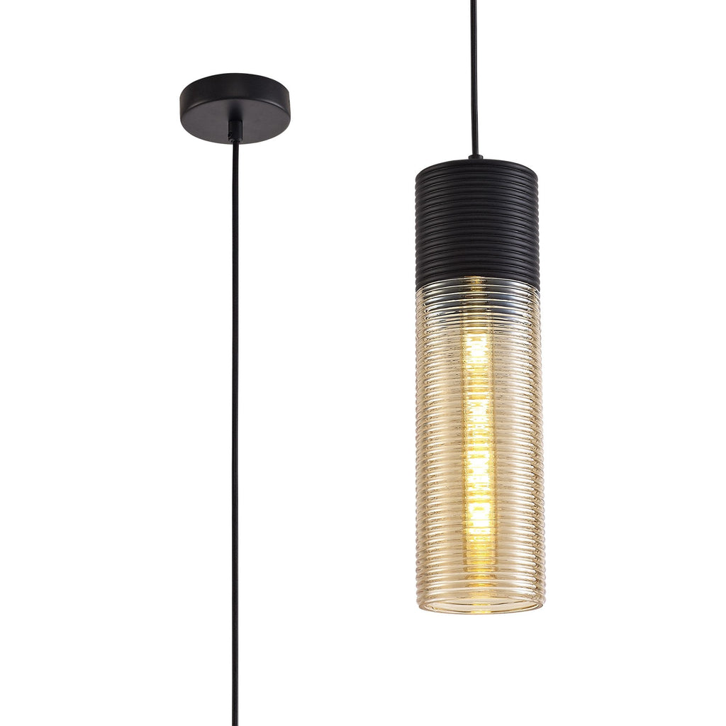 NL74049 Hedro Single Tube Pendant 1 Light Black/Amber Glass