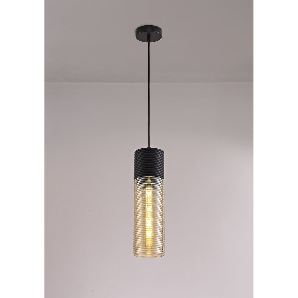 NL74049 Hedro Single Tube Pendant 1 Light Black/Amber Glass