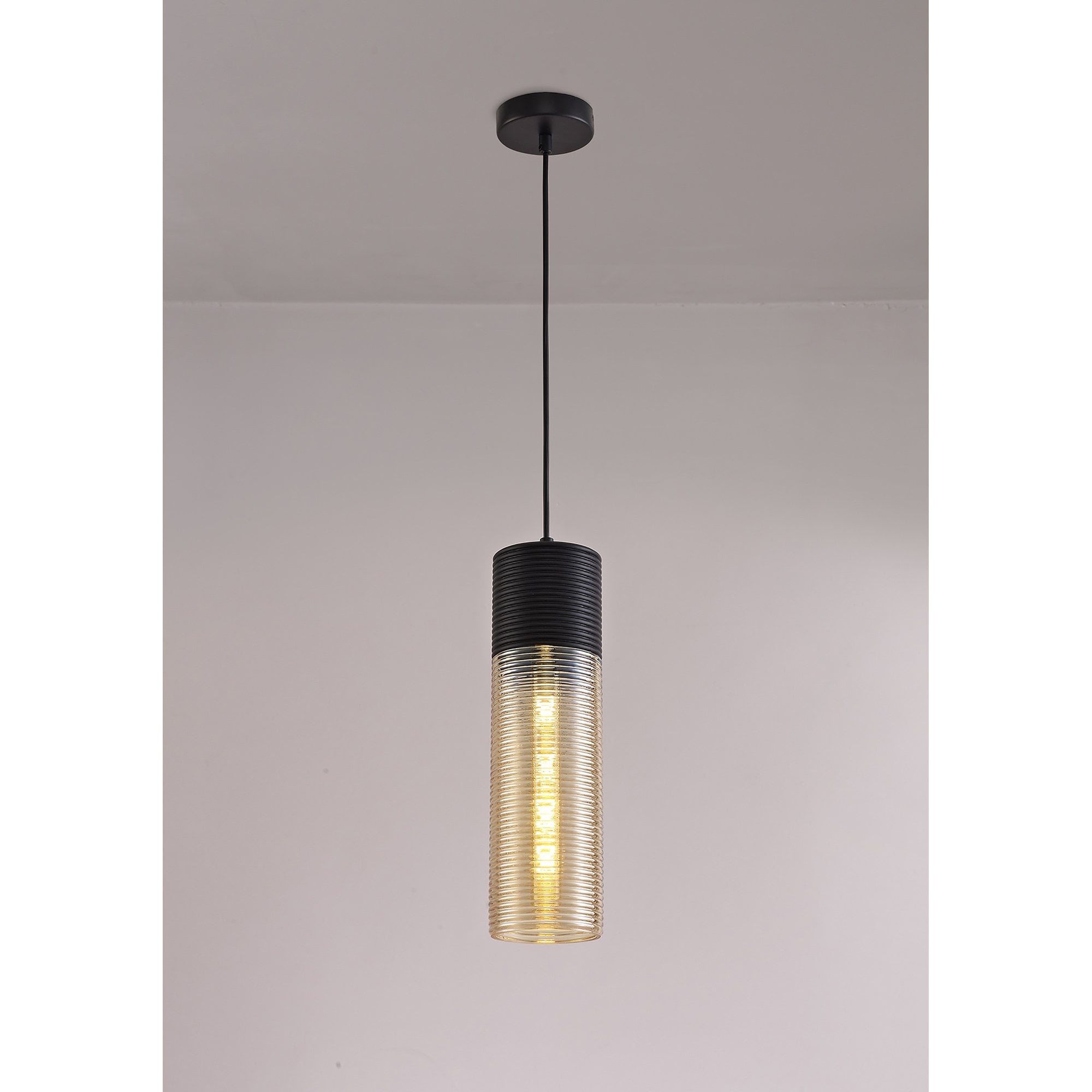 NL74049 Hedro Single Tube Pendant 1 Light Black/Amber Glass