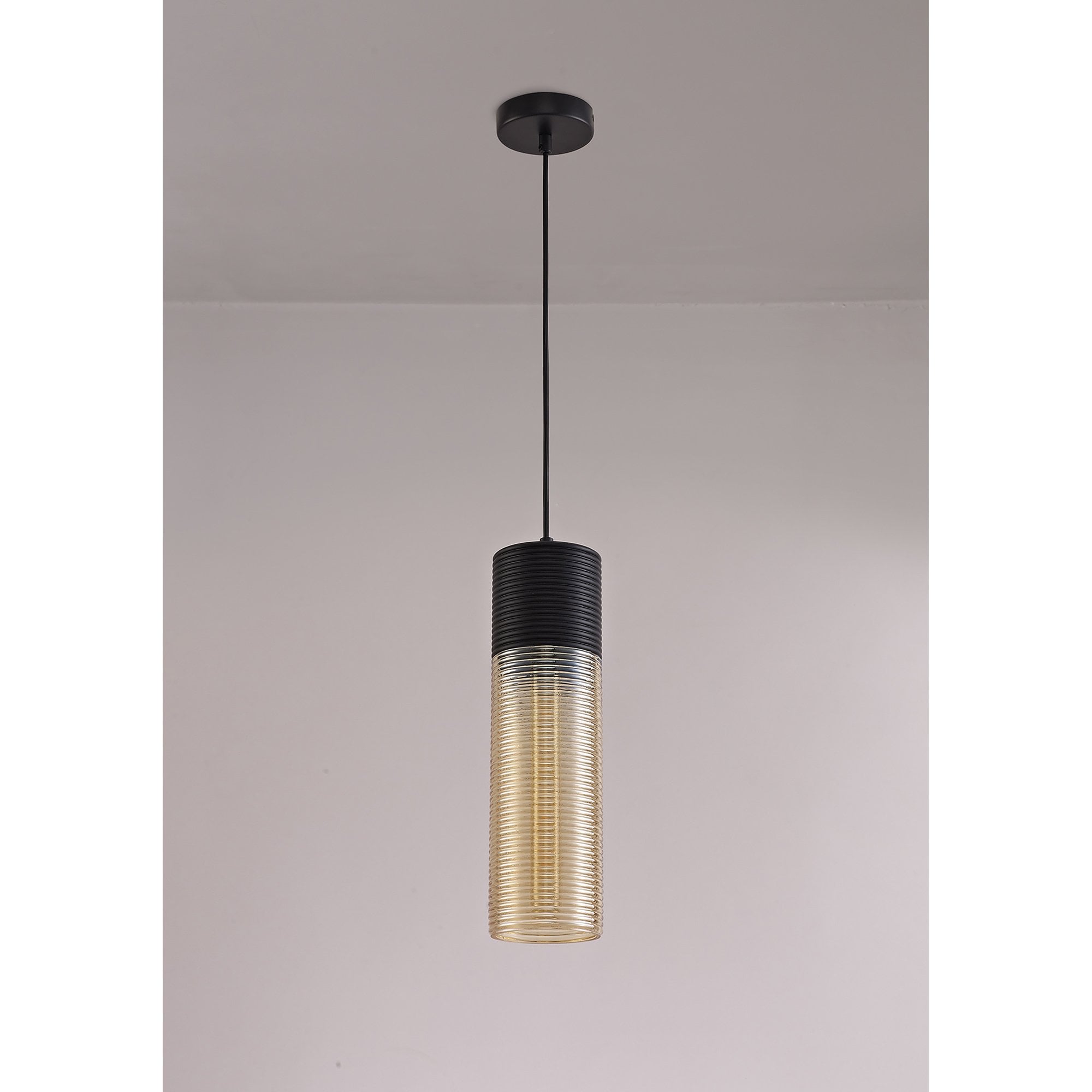 NL74049 Hedro Single Tube Pendant 1 Light Black/Amber Glass