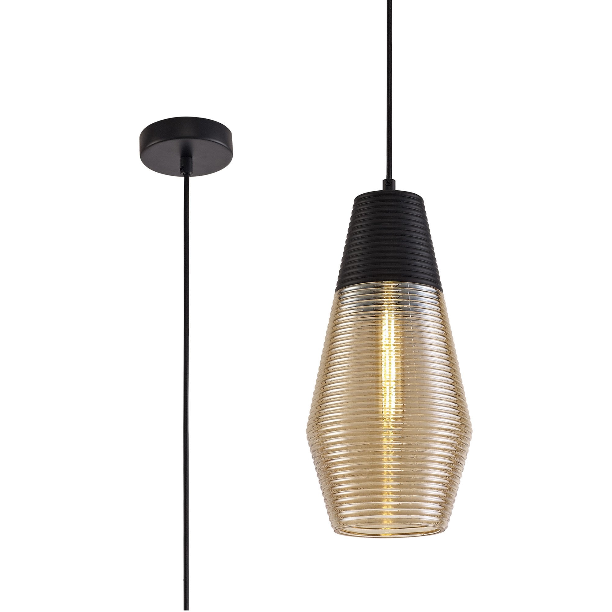 NL74069 Hedro Single Cone Pendant 1 Light Black/Amber Glass