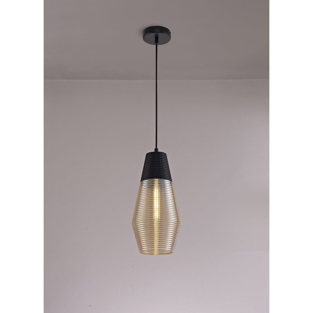 NL74069 Hedro Single Cone Pendant 1 Light Black/Amber Glass