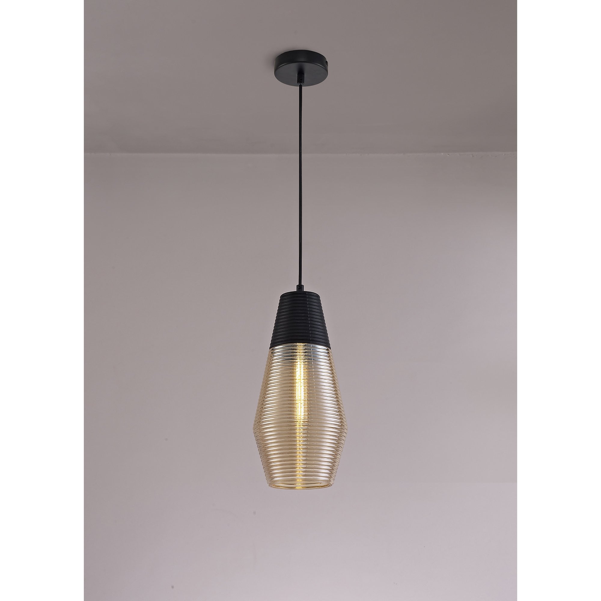 NL74069 Hedro Single Cone Pendant 1 Light Black/Amber Glass