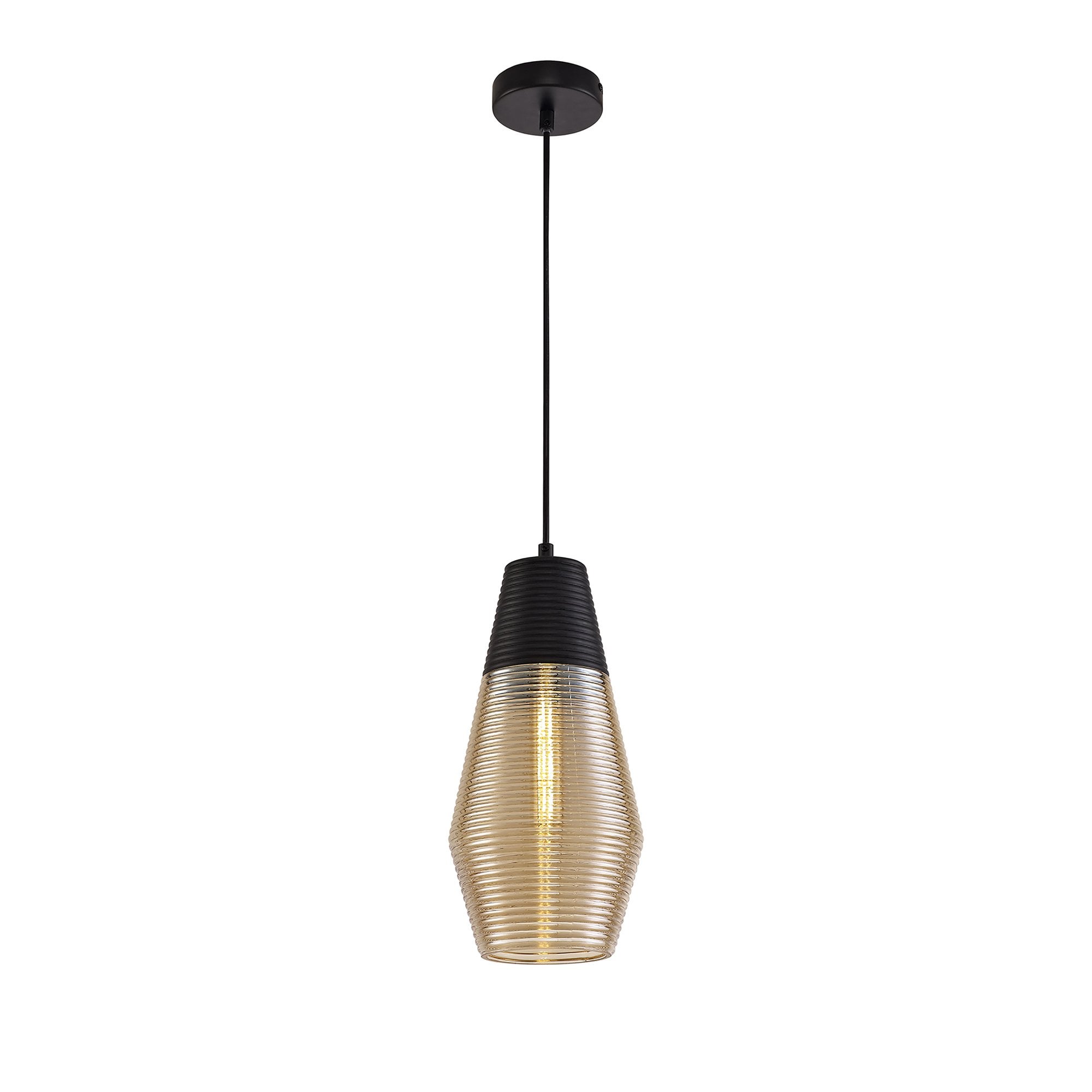 NL74069 Hedro Single Cone Pendant 1 Light Black/Amber Glass