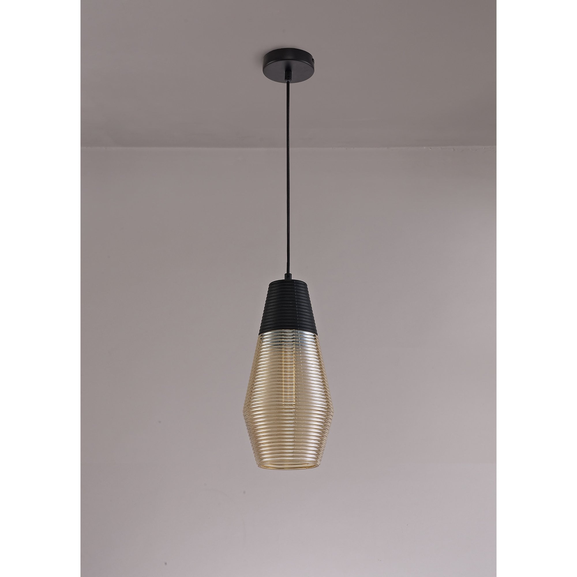 NL74069 Hedro Single Cone Pendant 1 Light Black/Amber Glass