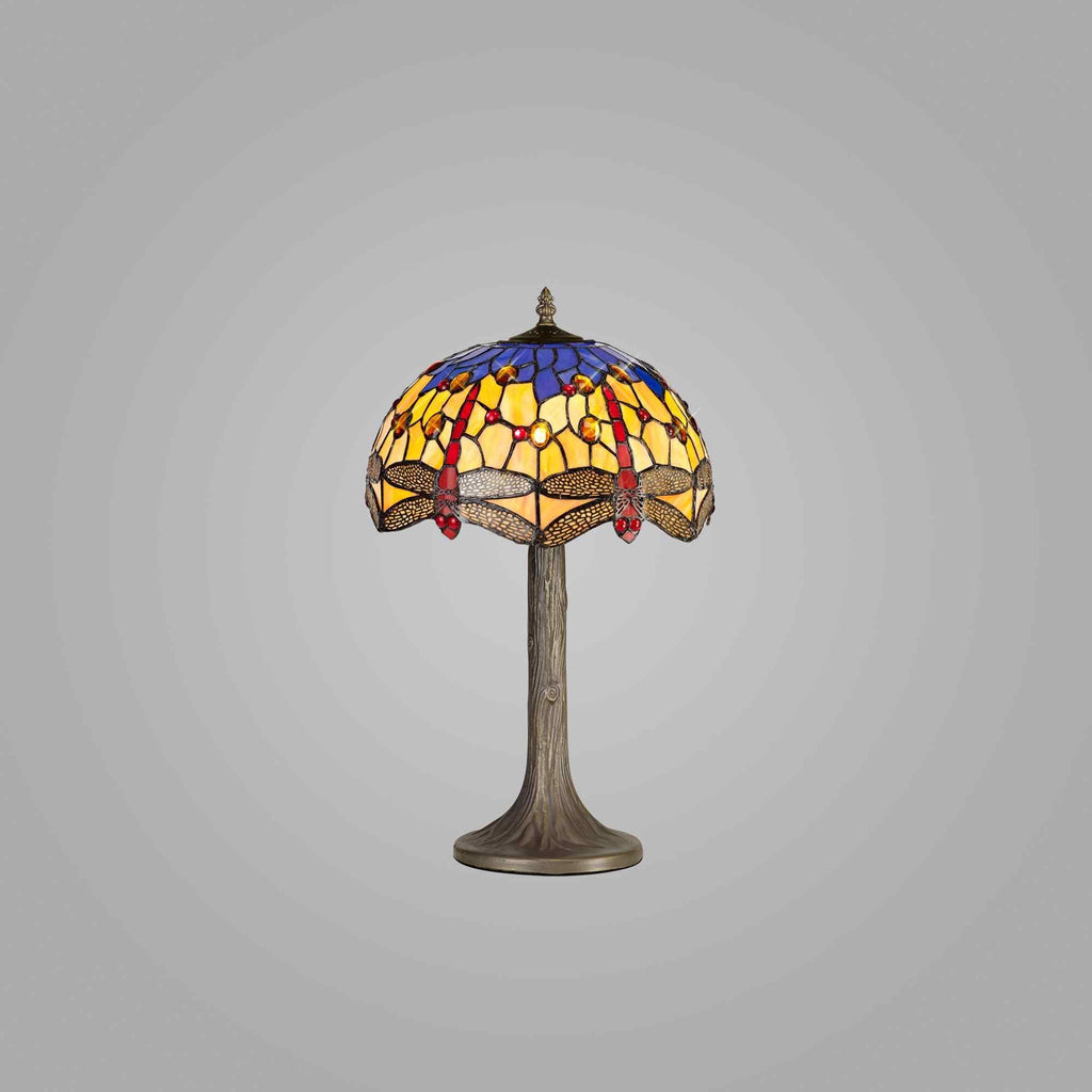 NLK00649 Heidi 1 Light Tree Like Table Lamp With 30cm Tiffany Shade Blue/Orange/Crystal/Aged Antique Brass