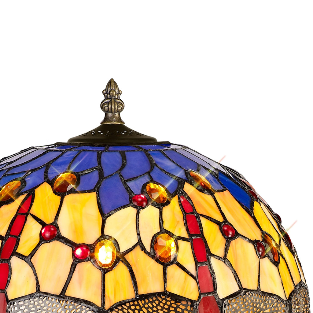 NLK00649 Heidi 1 Light Tree Like Table Lamp With 30cm Tiffany Shade Blue/Orange/Crystal/Aged Antique Brass