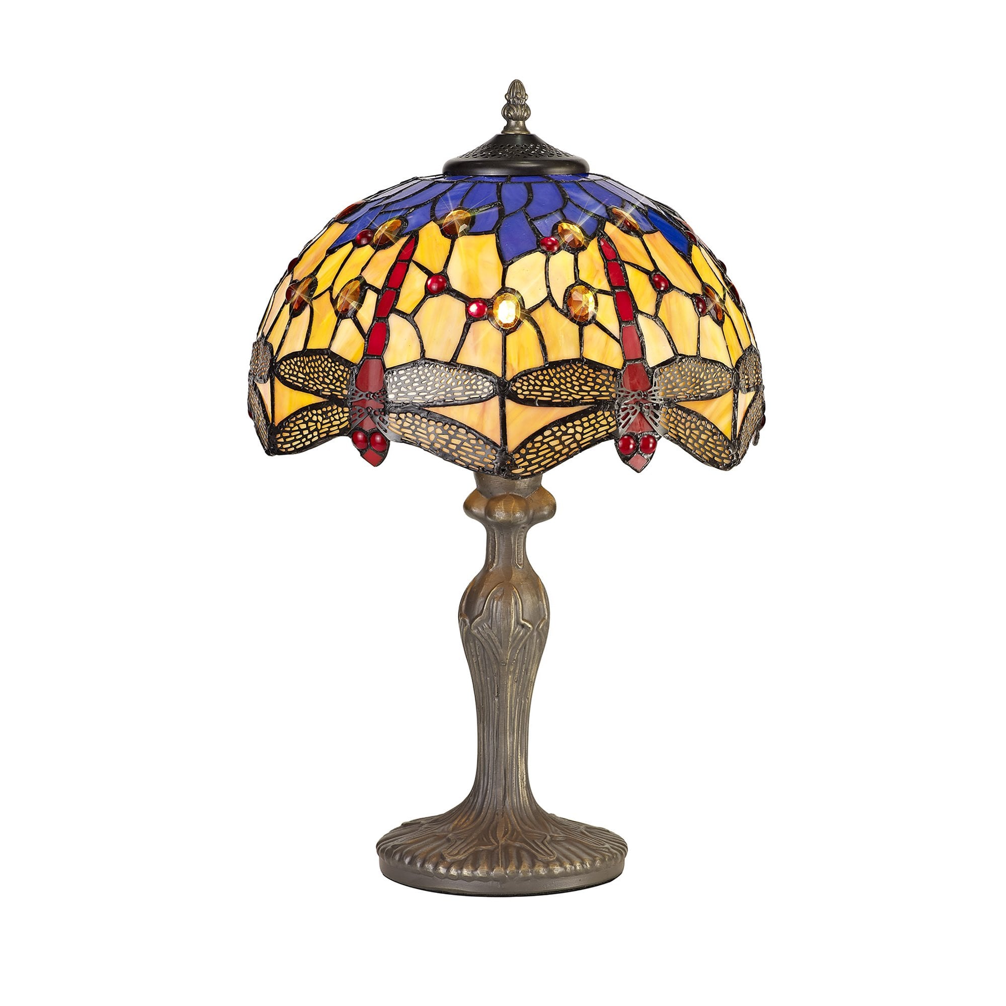 NLK00659 Heidi 1 Light Curved Table Lamp With 30cm Tiffany Shade Blue/Orange/Crystal/Aged Antique Brass