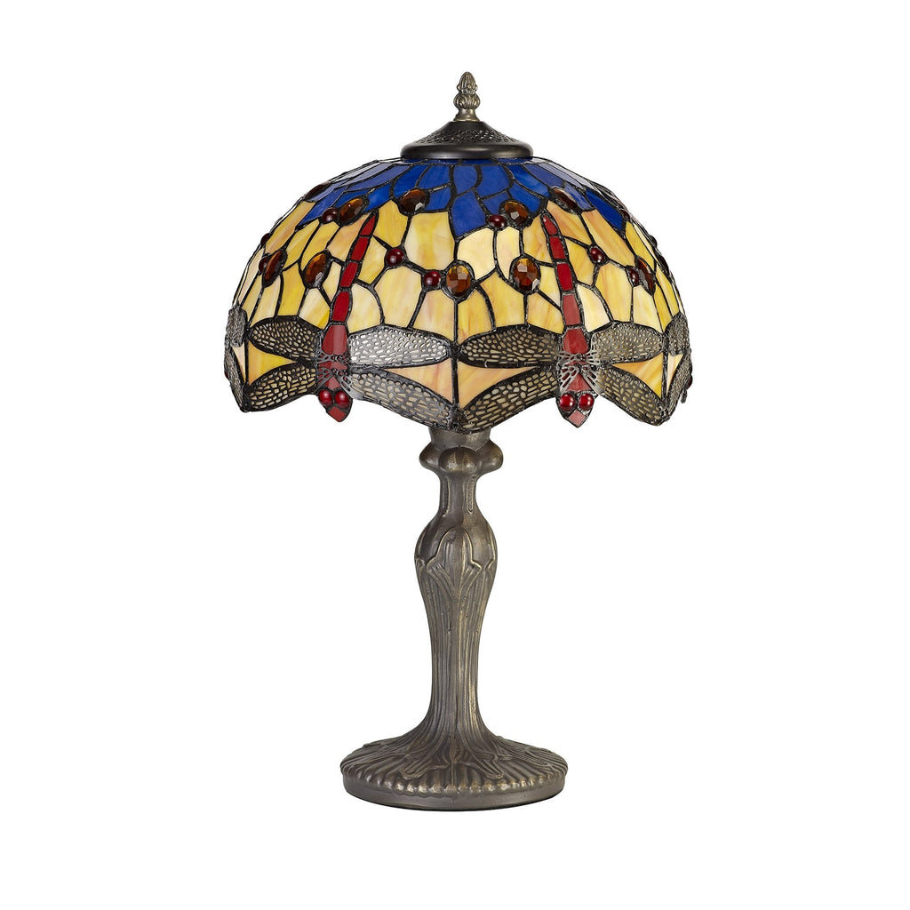 NLK00659 Heidi 1 Light Curved Table Lamp With 30cm Tiffany Shade Blue/Orange/Crystal/Aged Antique Brass