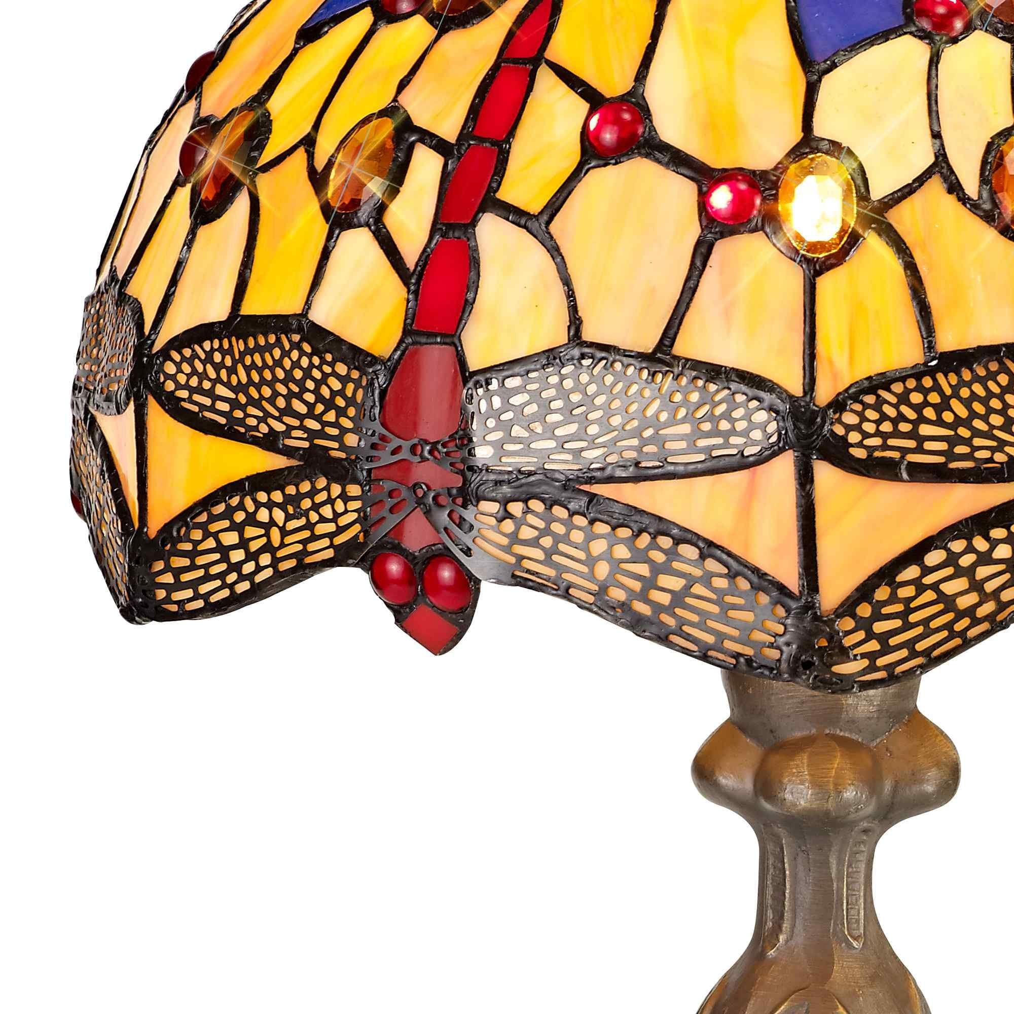 NLK00659 Heidi 1 Light Curved Table Lamp With 30cm Tiffany Shade Blue/Orange/Crystal/Aged Antique Brass