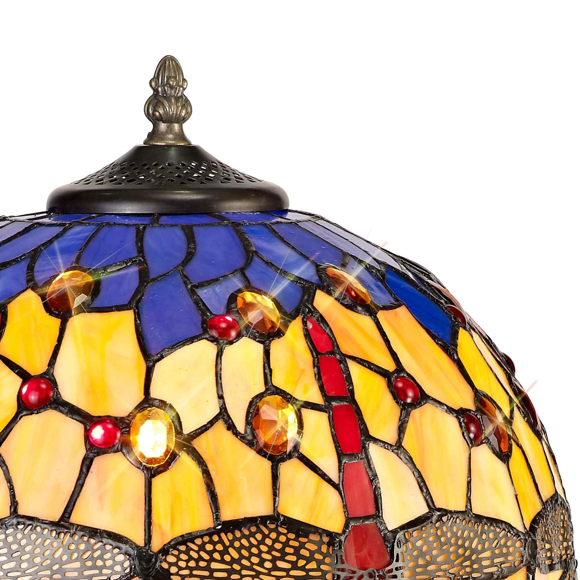 NLK00659 Heidi 1 Light Curved Table Lamp With 30cm Tiffany Shade Blue/Orange/Crystal/Aged Antique Brass