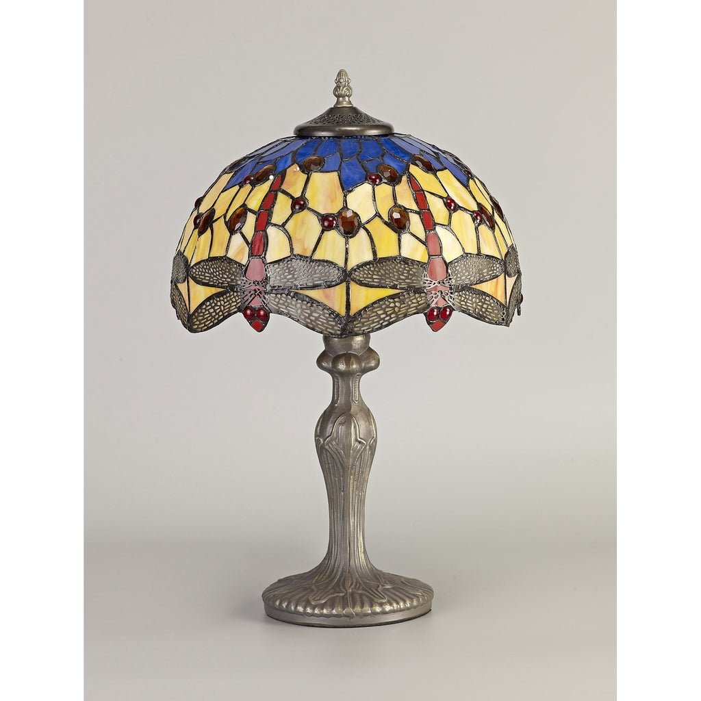 NLK00659 Heidi 1 Light Curved Table Lamp With 30cm Tiffany Shade Blue/Orange/Crystal/Aged Antique Brass