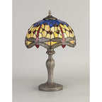 NLK00659 Heidi 1 Light Curved Table Lamp With 30cm Tiffany Shade Blue/Orange/Crystal/Aged Antique Brass