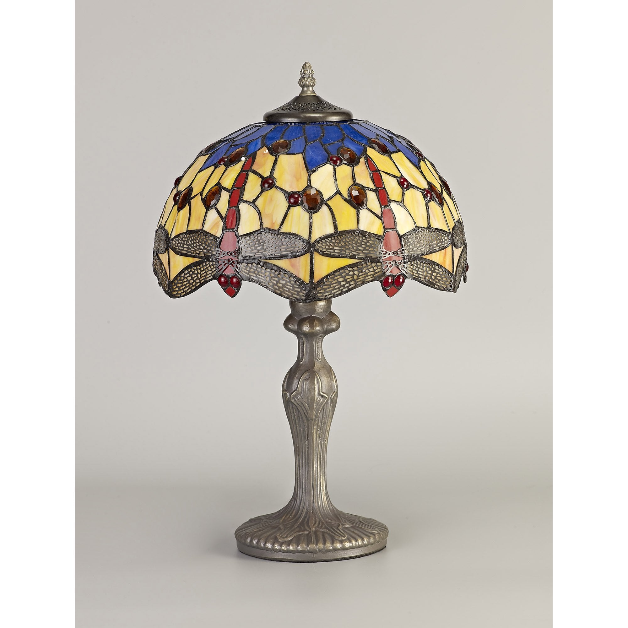 NLK00659 Heidi 1 Light Curved Table Lamp With 30cm Tiffany Shade Blue/Orange/Crystal/Aged Antique Brass