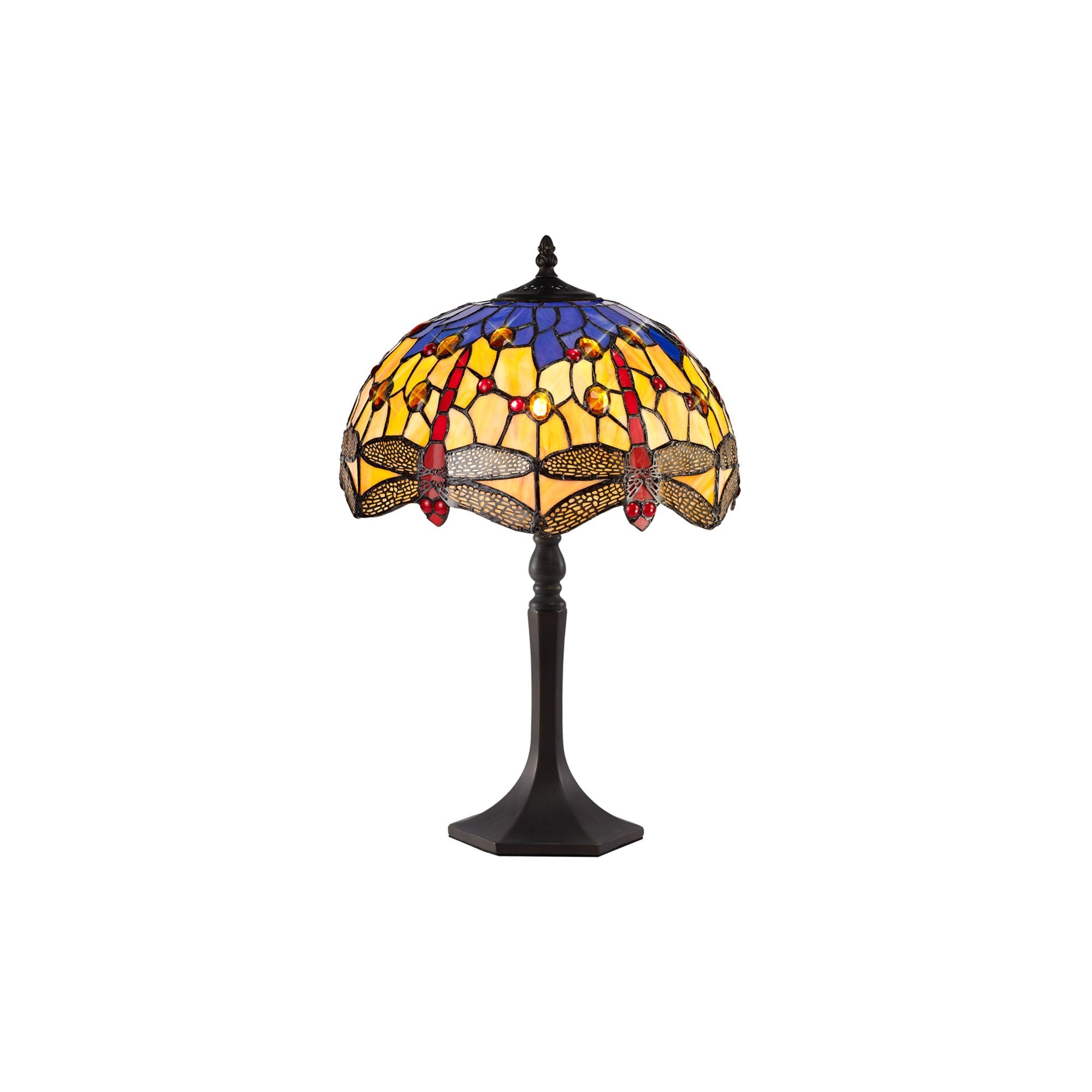 NLK00669 Heidi 1 Light Octagonal Table Lamp With 30cm Tiffany Shade Blue/Orange/Crystal/Aged Antique Brass