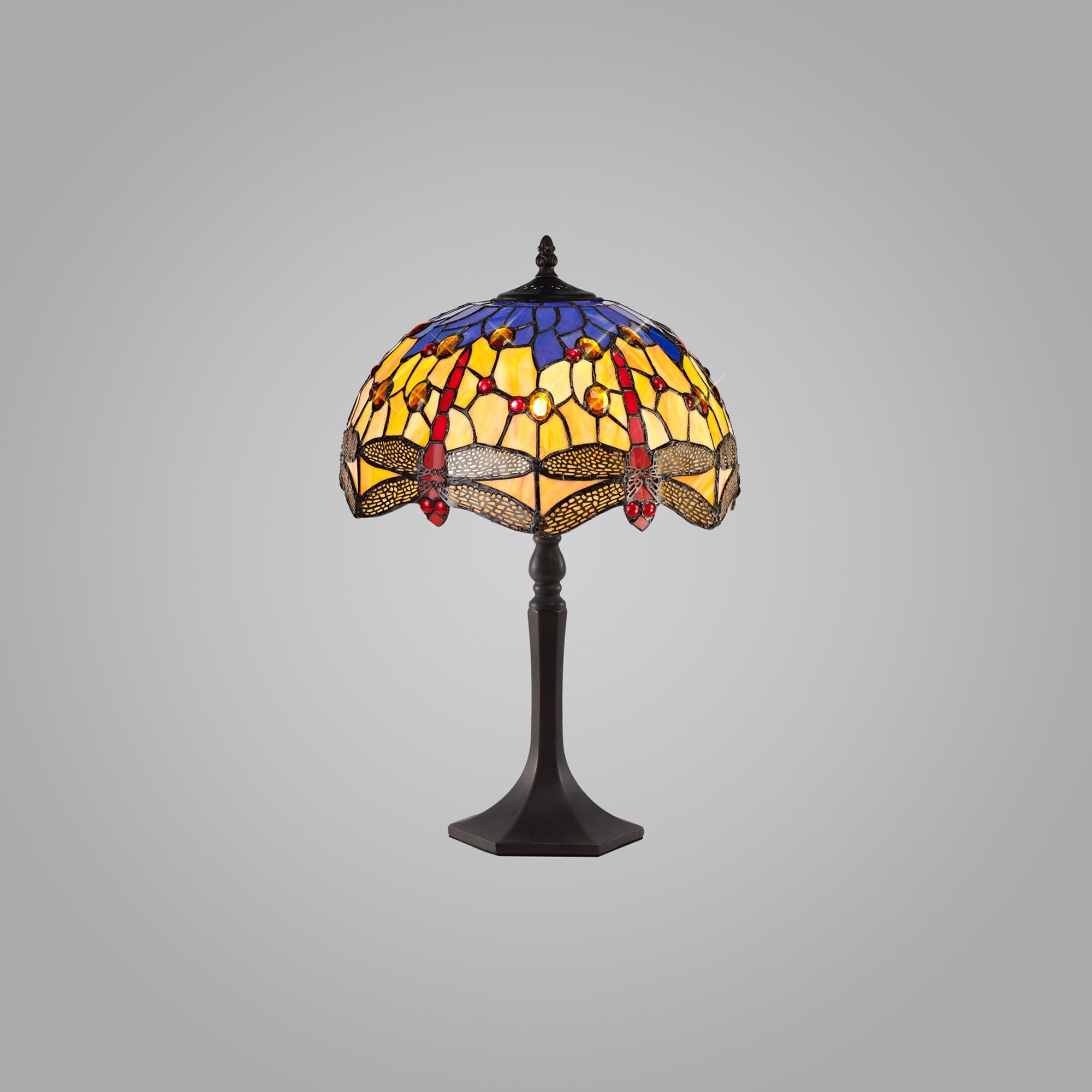 NLK00669 Heidi 1 Light Octagonal Table Lamp With 30cm Tiffany Shade Blue/Orange/Crystal/Aged Antique Brass