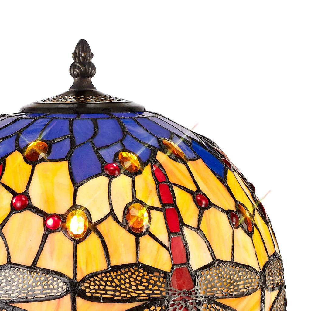 NLK00669 Heidi 1 Light Octagonal Table Lamp With 30cm Tiffany Shade Blue/Orange/Crystal/Aged Antique Brass