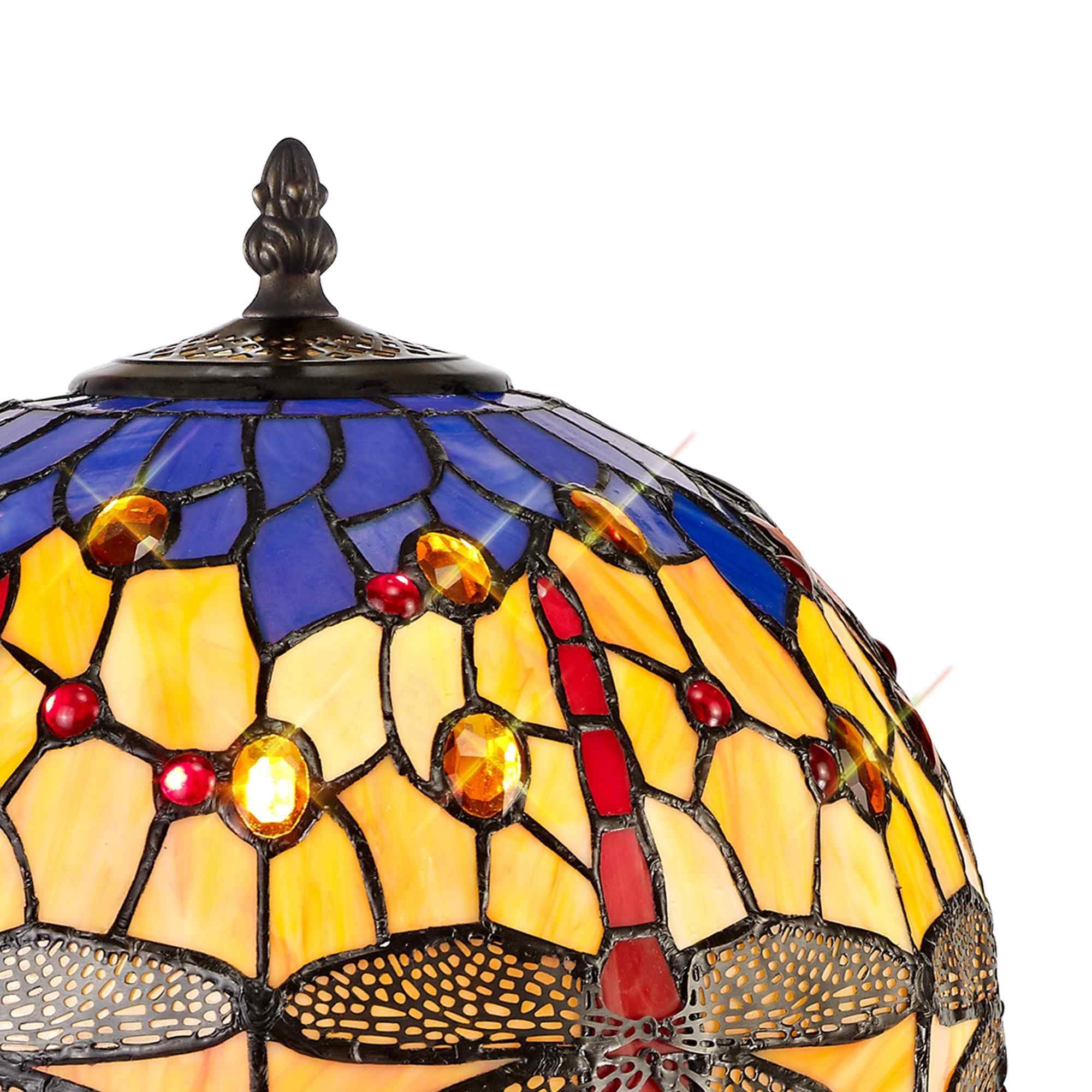 NLK00669 Heidi 1 Light Octagonal Table Lamp With 30cm Tiffany Shade Blue/Orange/Crystal/Aged Antique Brass