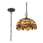 NLK00679 Heidi 1 Light Down Lighter Pendant With 30cm Tiffany Shade Blue/Orange/Crystal/Aged Antique Brass