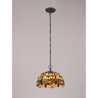 NLK00679 Heidi 1 Light Down Lighter Pendant With 30cm Tiffany Shade Blue/Orange/Crystal/Aged Antique Brass