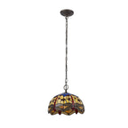 NLK00679 Heidi 1 Light Down Lighter Pendant With 30cm Tiffany Shade Blue/Orange/Crystal/Aged Antique Brass