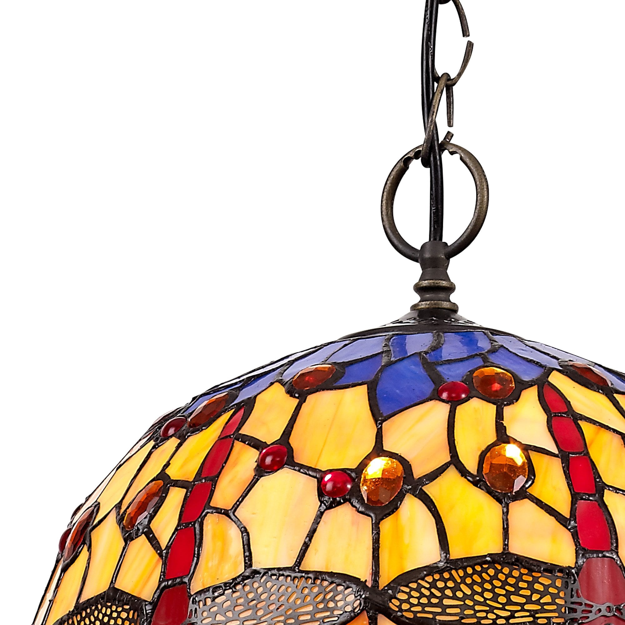 NLK00679 Heidi 1 Light Down Lighter Pendant With 30cm Tiffany Shade Blue/Orange/Crystal/Aged Antique Brass