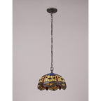 NLK00679 Heidi 1 Light Down Lighter Pendant With 30cm Tiffany Shade Blue/Orange/Crystal/Aged Antique Brass
