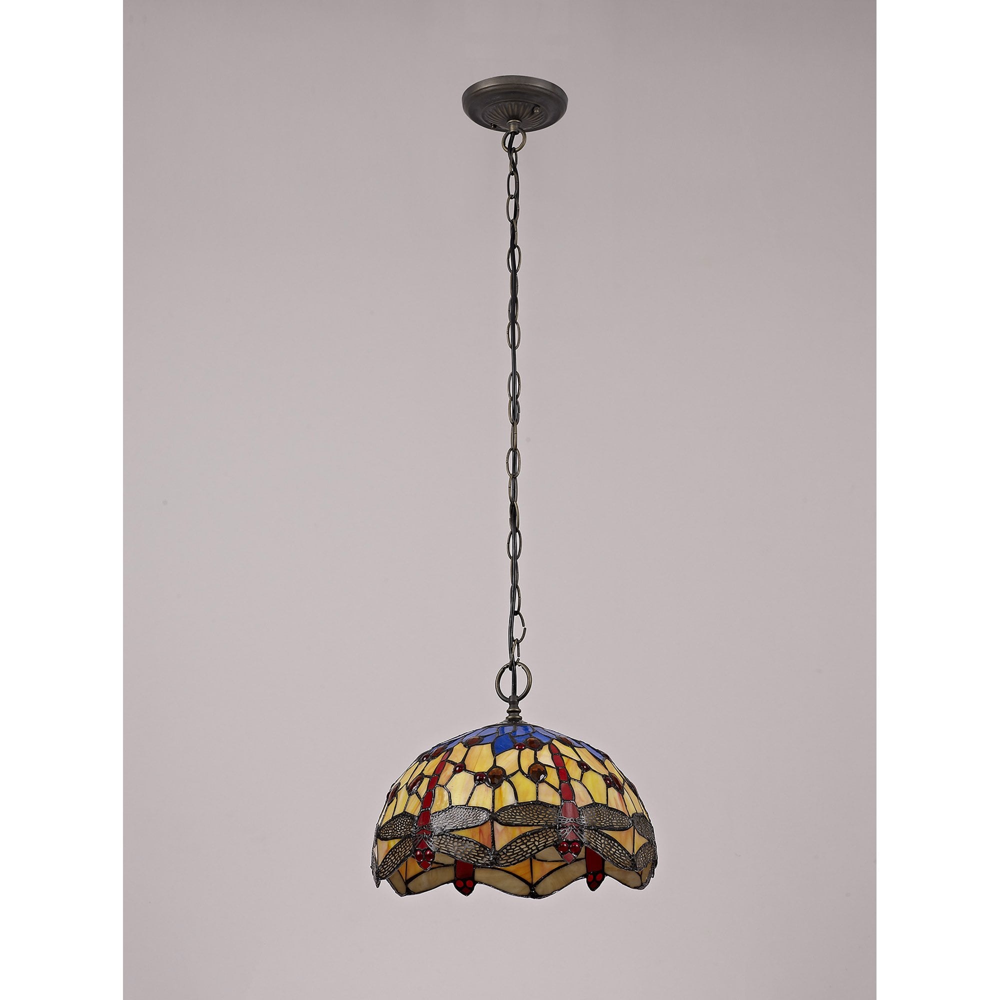 NLK00679 Heidi 1 Light Down Lighter Pendant With 30cm Tiffany Shade Blue/Orange/Crystal/Aged Antique Brass