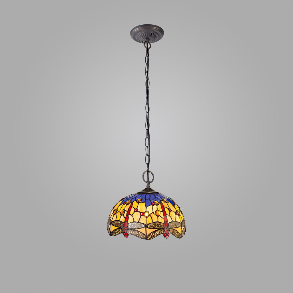 NLK00689 Heidi 2 Light Down Lighter Pendant With 30cm Tiffany Shade Blue/Orange/Crystal/Aged Antique Brass