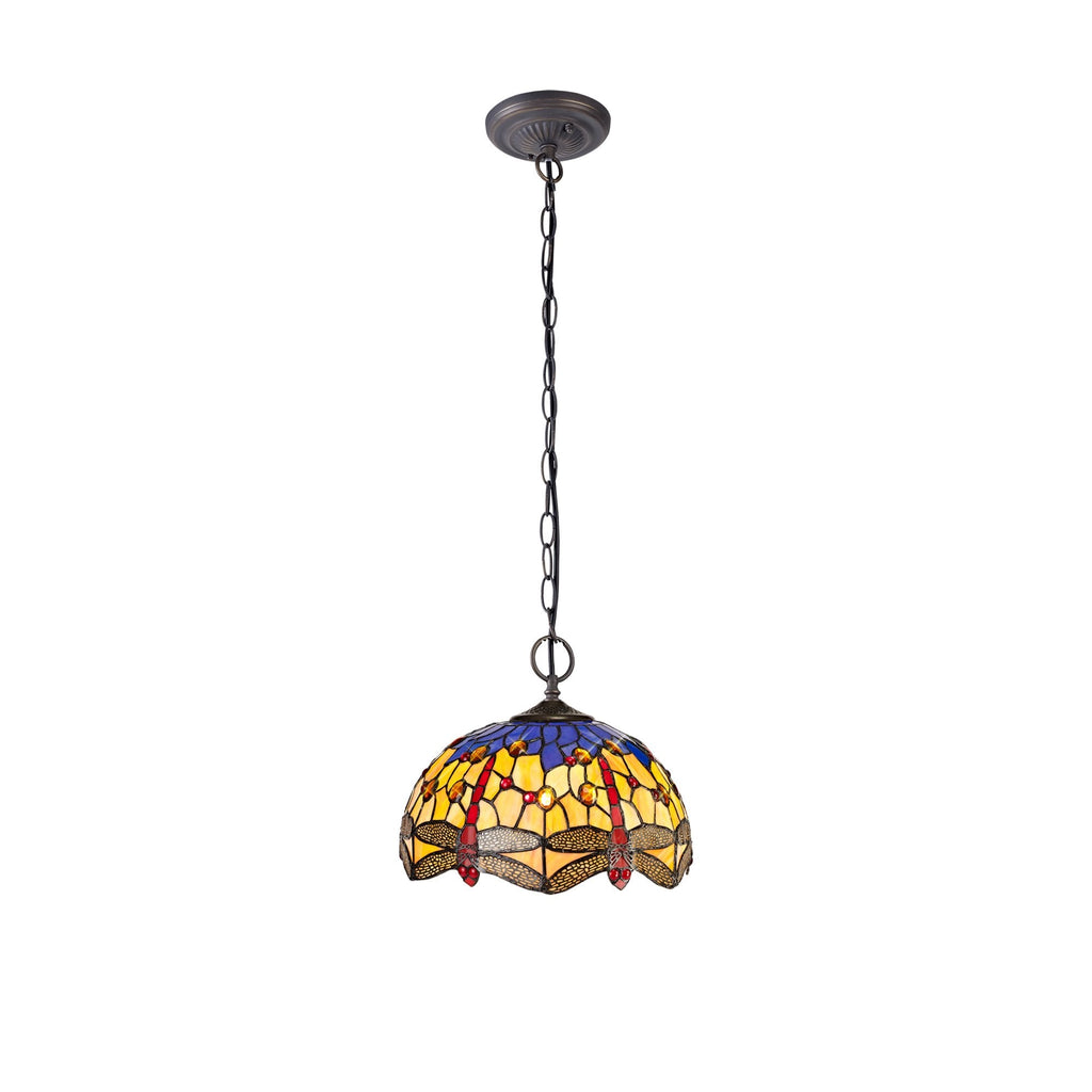 NLK00689 Heidi 2 Light Down Lighter Pendant With 30cm Tiffany Shade Blue/Orange/Crystal/Aged Antique Brass