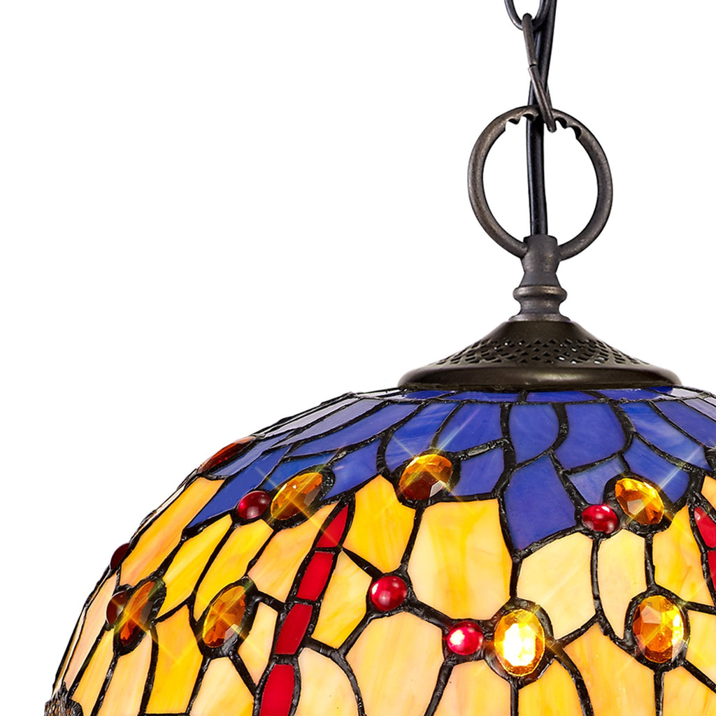 NLK00689 Heidi 2 Light Down Lighter Pendant With 30cm Tiffany Shade Blue/Orange/Crystal/Aged Antique Brass