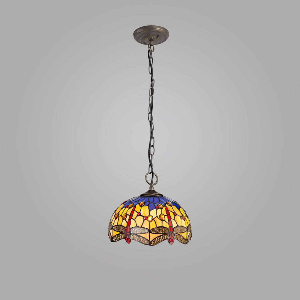 NLK00699 Heidi 3 Light Down Lighter Pendant With 30cm Tiffany Shade Blue/Orange/Crystal/Aged Antique Brass
