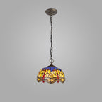 NLK00699 Heidi 3 Light Down Lighter Pendant With 30cm Tiffany Shade Blue/Orange/Crystal/Aged Antique Brass