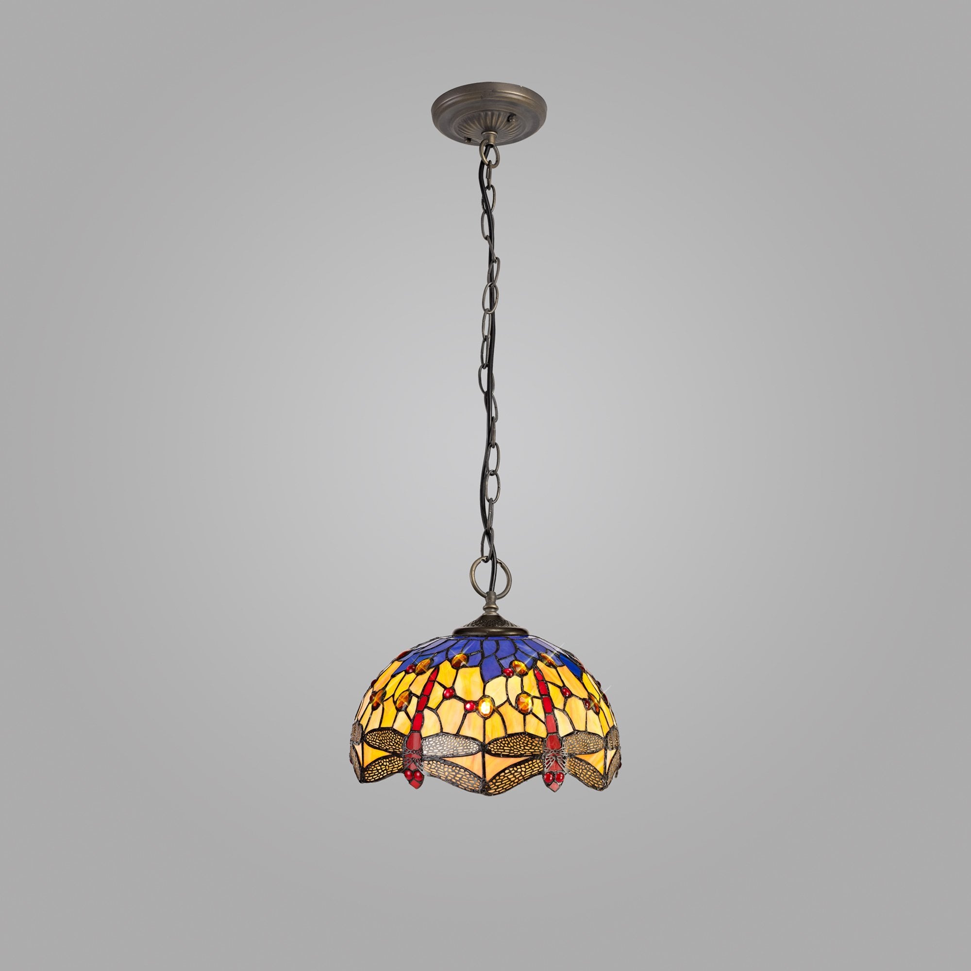 NLK00699 Heidi 3 Light Down Lighter Pendant With 30cm Tiffany Shade Blue/Orange/Crystal/Aged Antique Brass