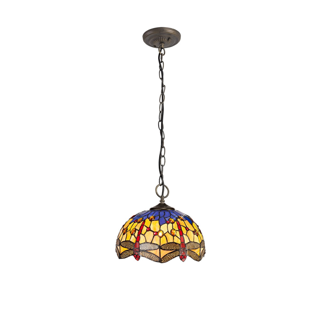 NLK00699 Heidi 3 Light Down Lighter Pendant With 30cm Tiffany Shade Blue/Orange/Crystal/Aged Antique Brass