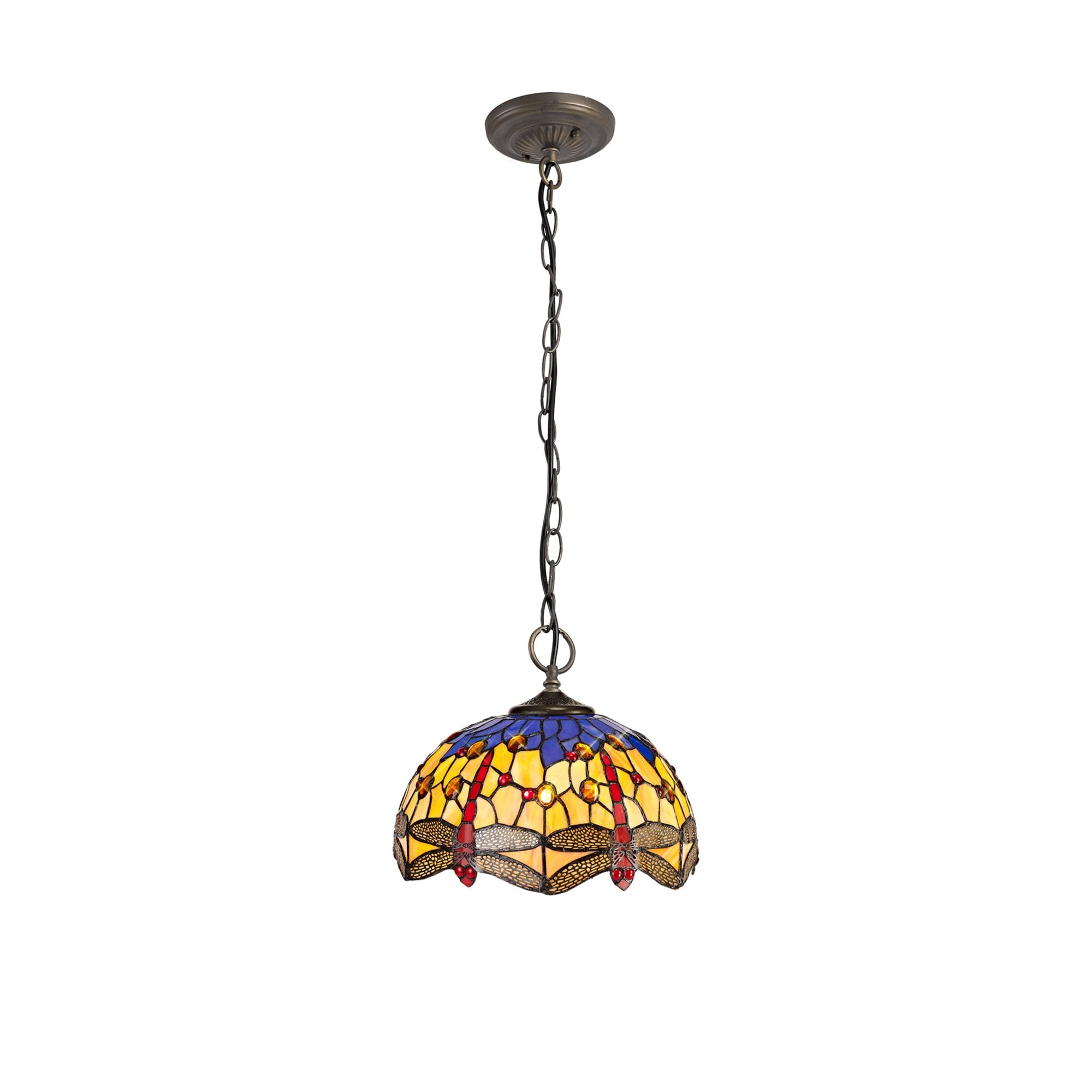 NLK00699 Heidi 3 Light Down Lighter Pendant With 30cm Tiffany Shade Blue/Orange/Crystal/Aged Antique Brass