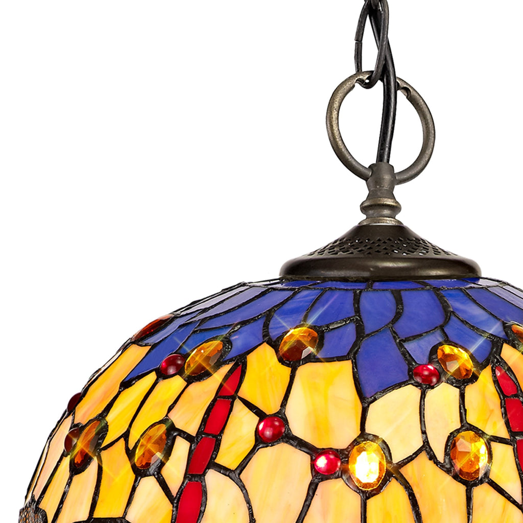 NLK00699 Heidi 3 Light Down Lighter Pendant With 30cm Tiffany Shade Blue/Orange/Crystal/Aged Antique Brass