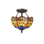 NLK00709 Heidi 2 Light Semi Ceiling With 30cm Tiffany Shade Blue/Orange/Crystal/Aged Antique Brass