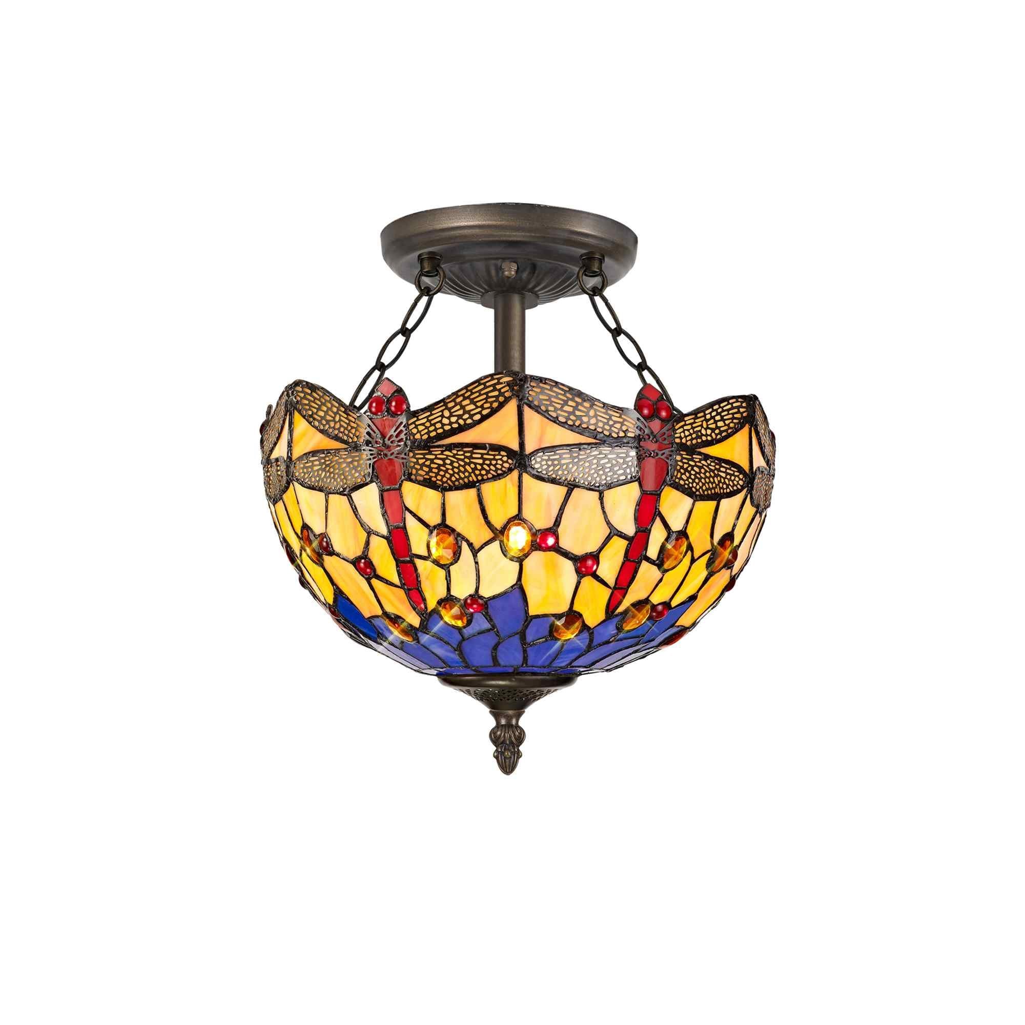 NLK00709 Heidi 2 Light Semi Ceiling With 30cm Tiffany Shade Blue/Orange/Crystal/Aged Antique Brass