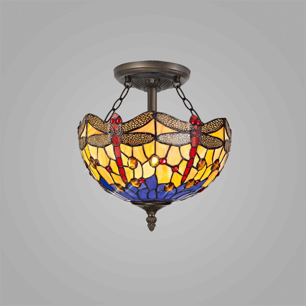 NLK00709 Heidi 2 Light Semi Ceiling With 30cm Tiffany Shade Blue/Orange/Crystal/Aged Antique Brass