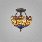 NLK00709 Heidi 2 Light Semi Ceiling With 30cm Tiffany Shade Blue/Orange/Crystal/Aged Antique Brass