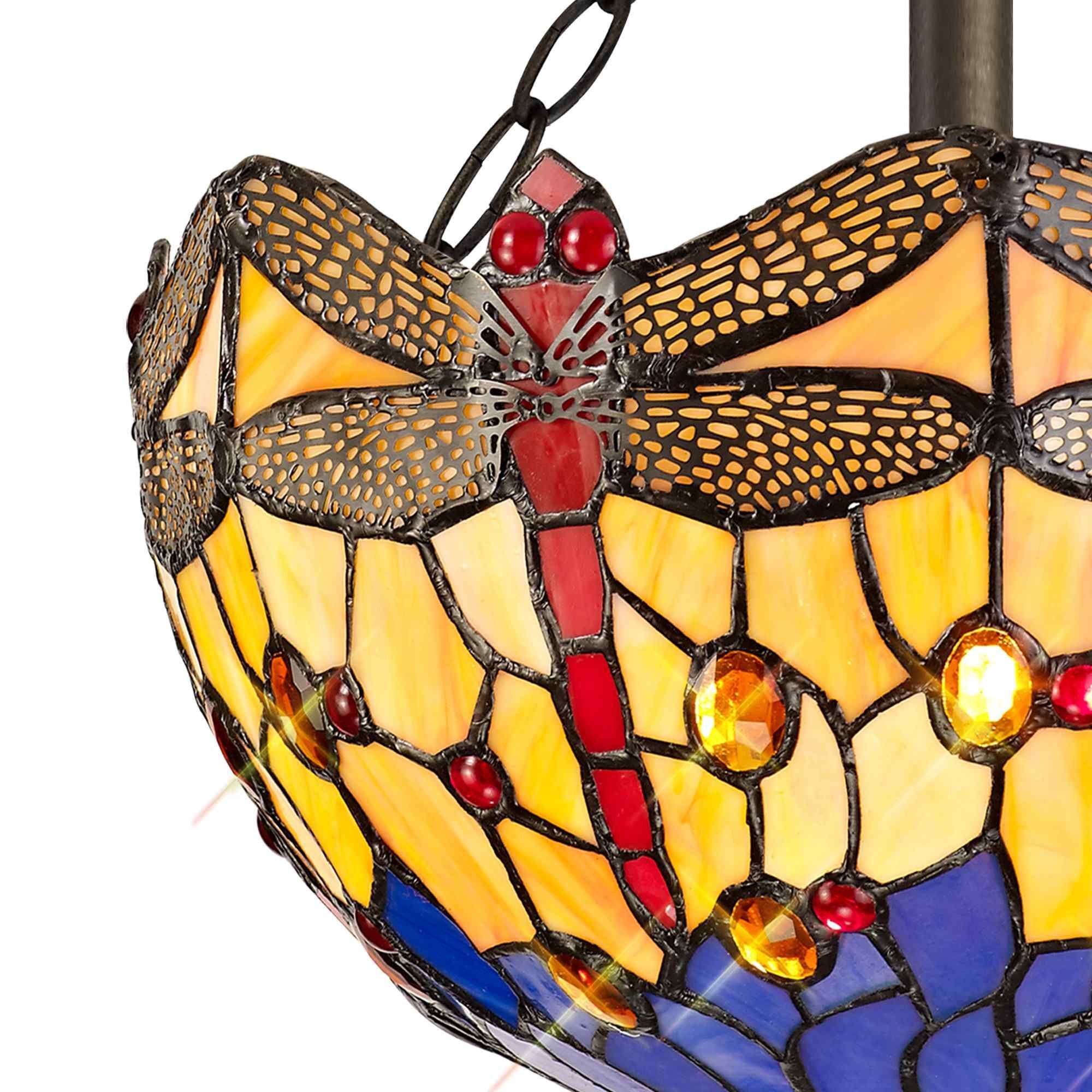 NLK00709 Heidi 2 Light Semi Ceiling With 30cm Tiffany Shade Blue/Orange/Crystal/Aged Antique Brass