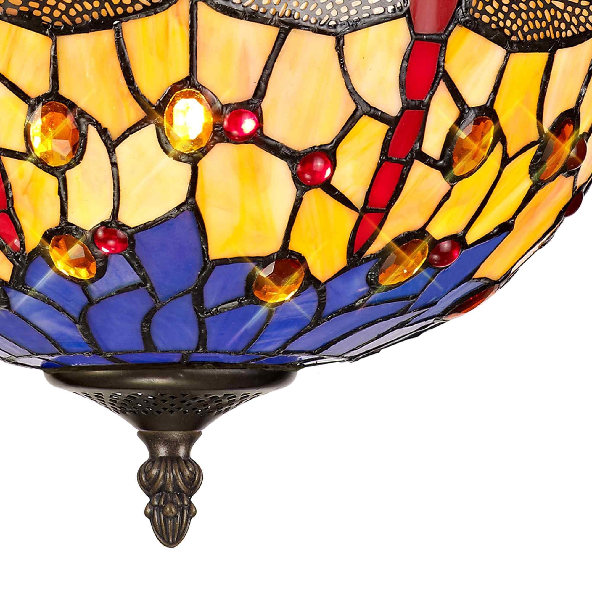 NLK00709 Heidi 2 Light Semi Ceiling With 30cm Tiffany Shade Blue/Orange/Crystal/Aged Antique Brass