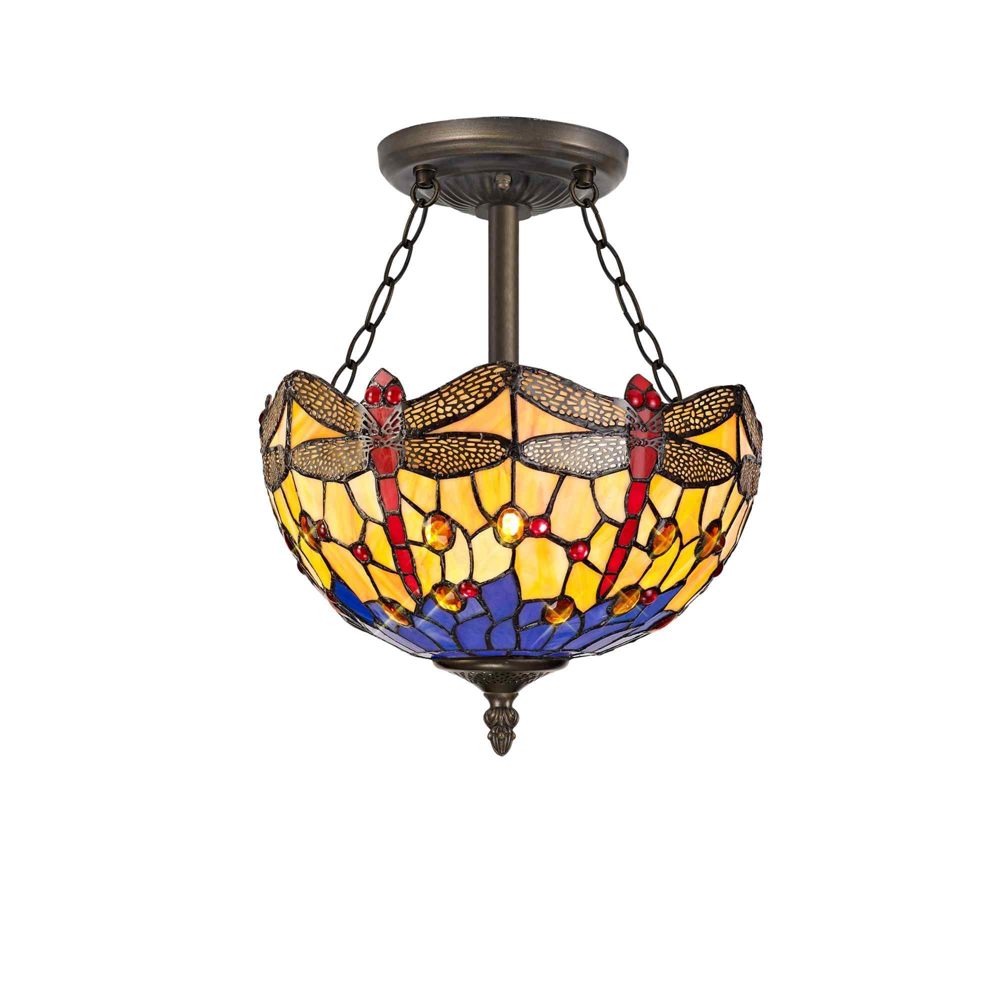 NLK00719 Heidi 3 Light Semi Ceiling With 30cm Tiffany Shade Blue/Orange/Crystal/Aged Antique Brass