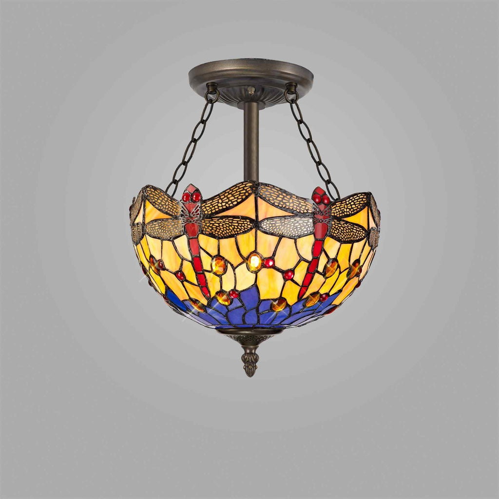 NLK00719 Heidi 3 Light Semi Ceiling With 30cm Tiffany Shade Blue/Orange/Crystal/Aged Antique Brass
